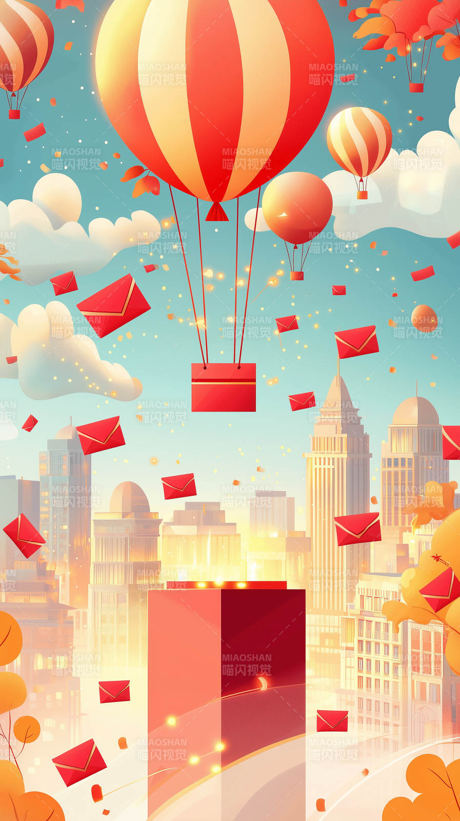 红礼盒与热气球的城市梦想图片