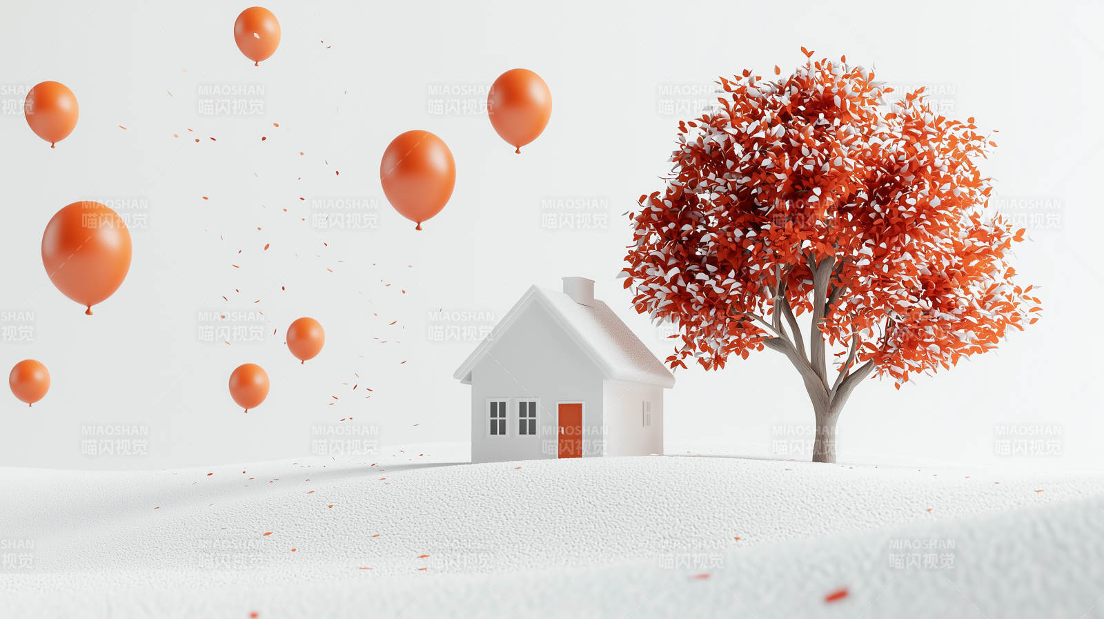 橙色气球与秋日小屋图片