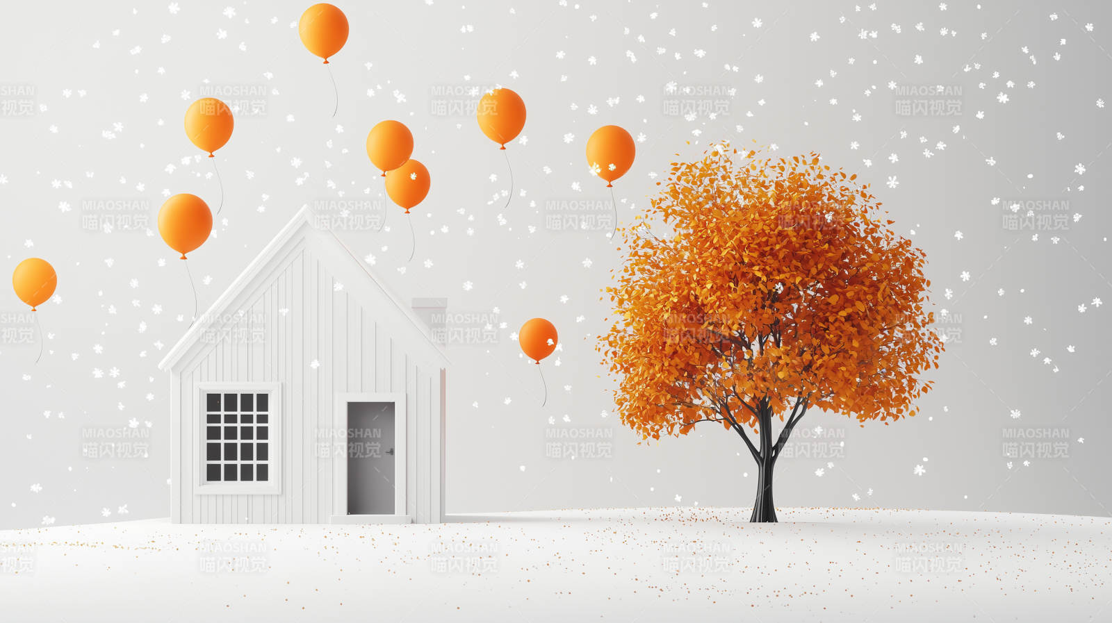 橙色气球与秋日小屋图片