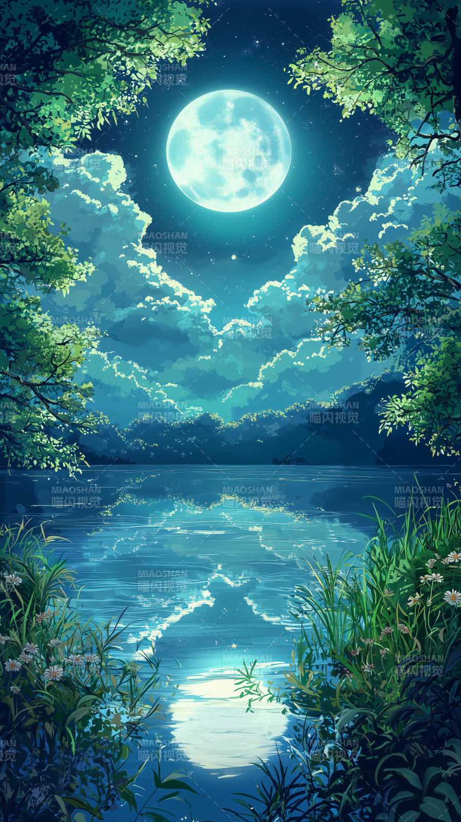 月夜湖畔静谧月色图片