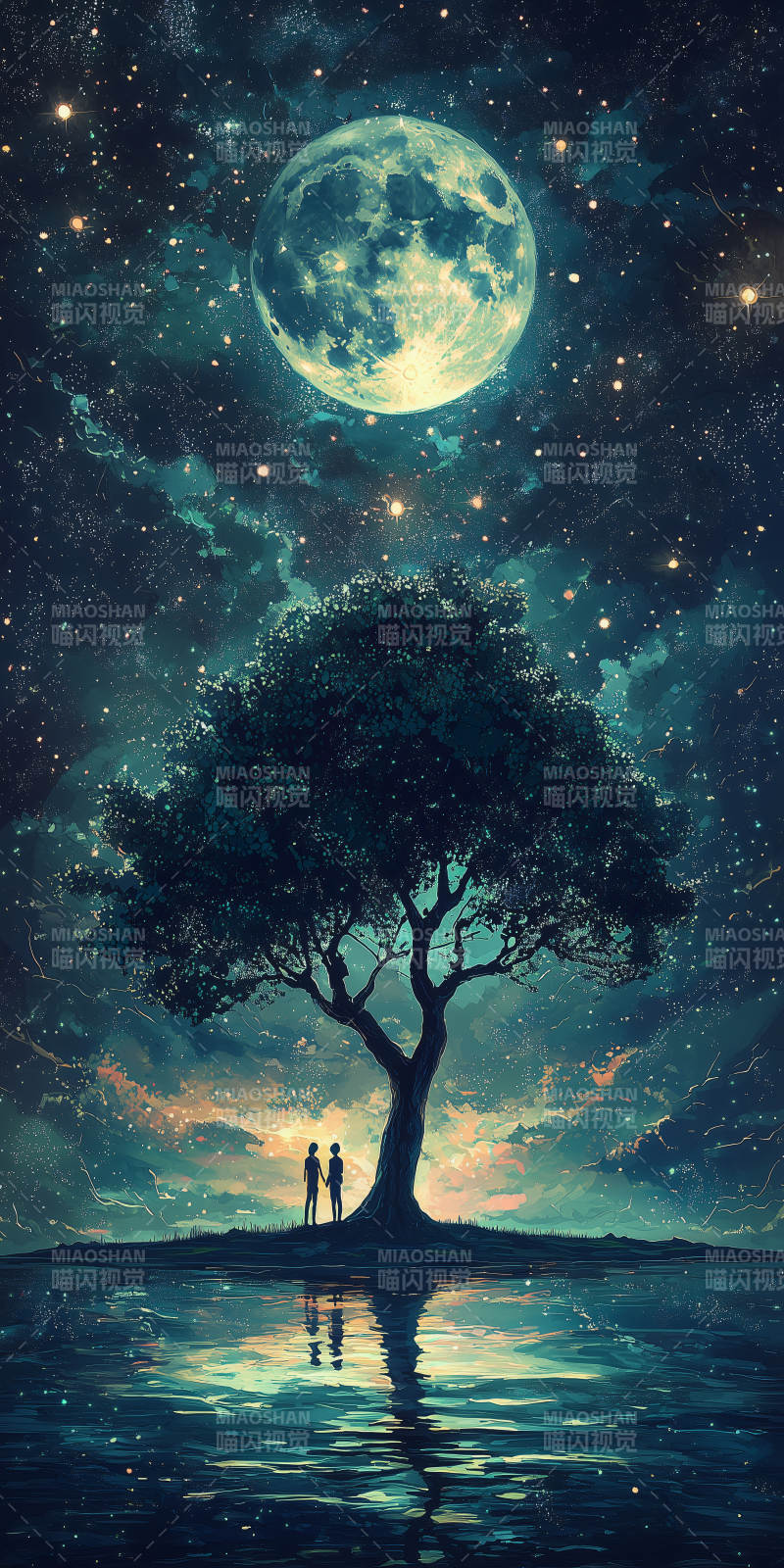 静谧湖畔的月光树图片
