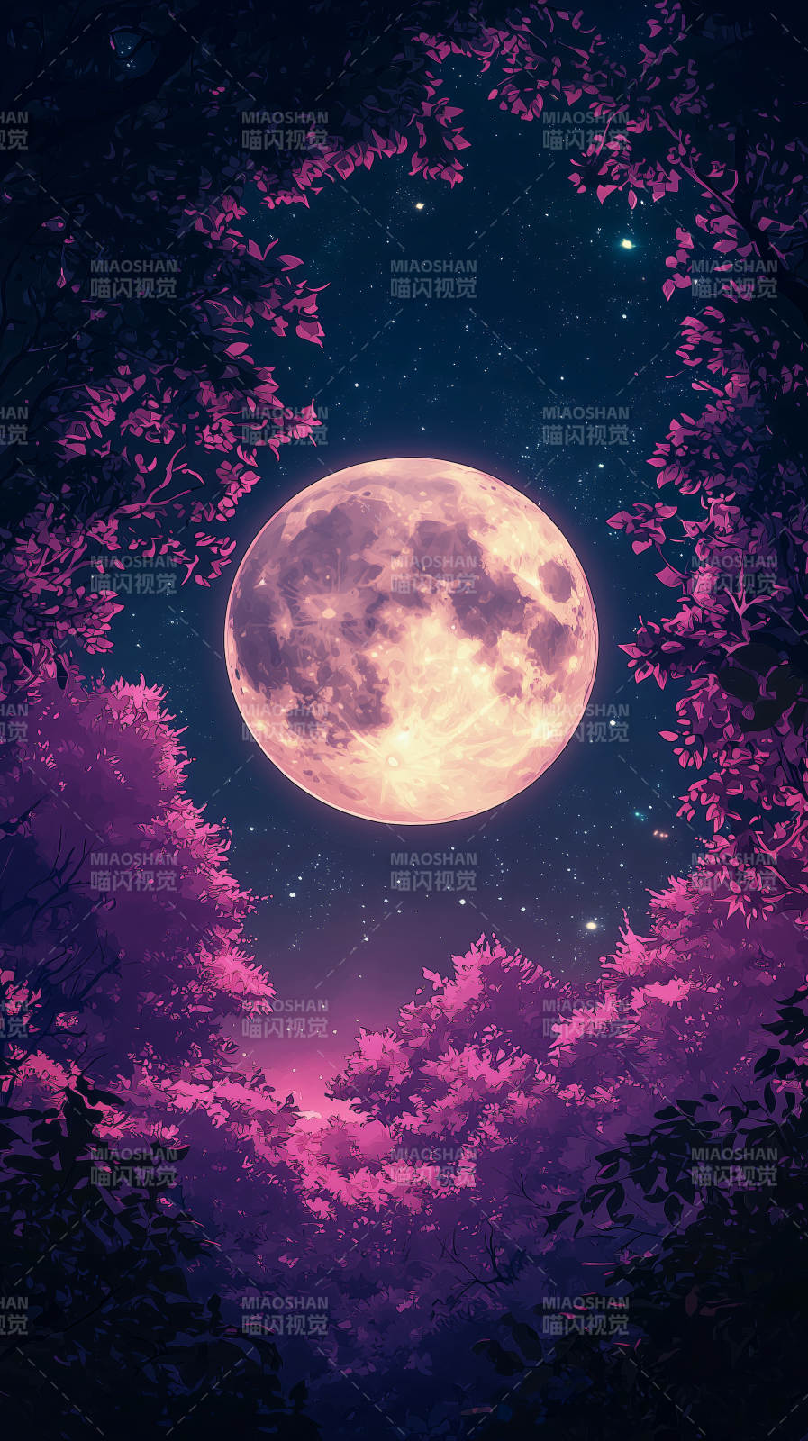 梦幻樱花与满月图片