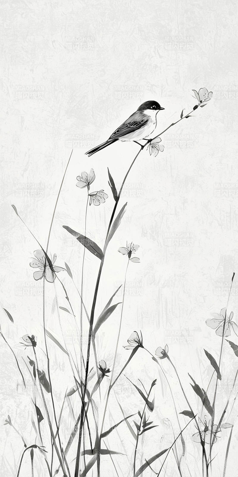水墨写意红花小鸟图片