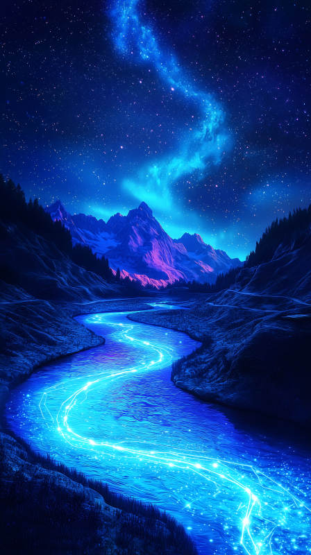 星河璀璨下的蓝色河流图片