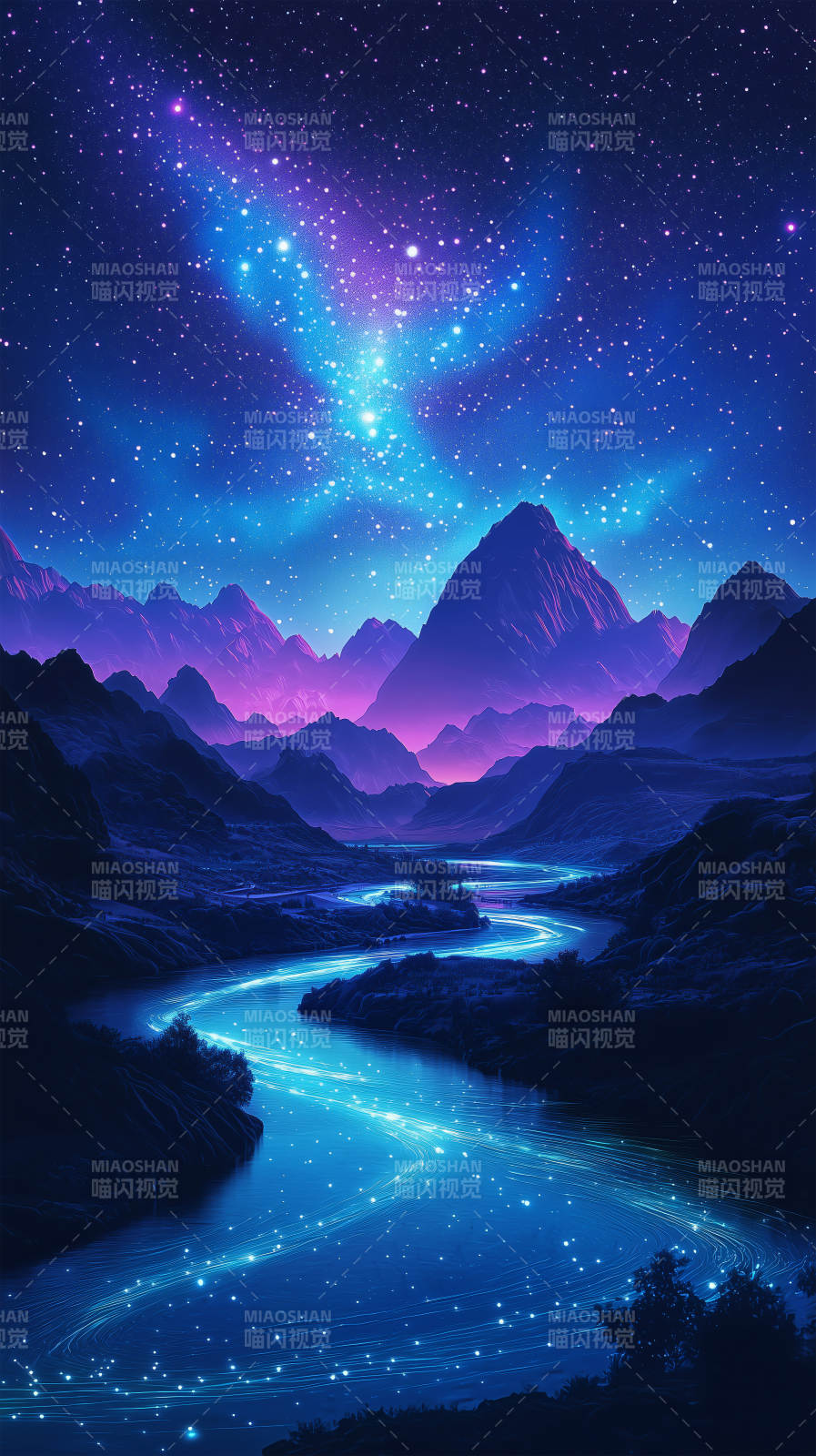 星河璀璨下的蓝色河流图片