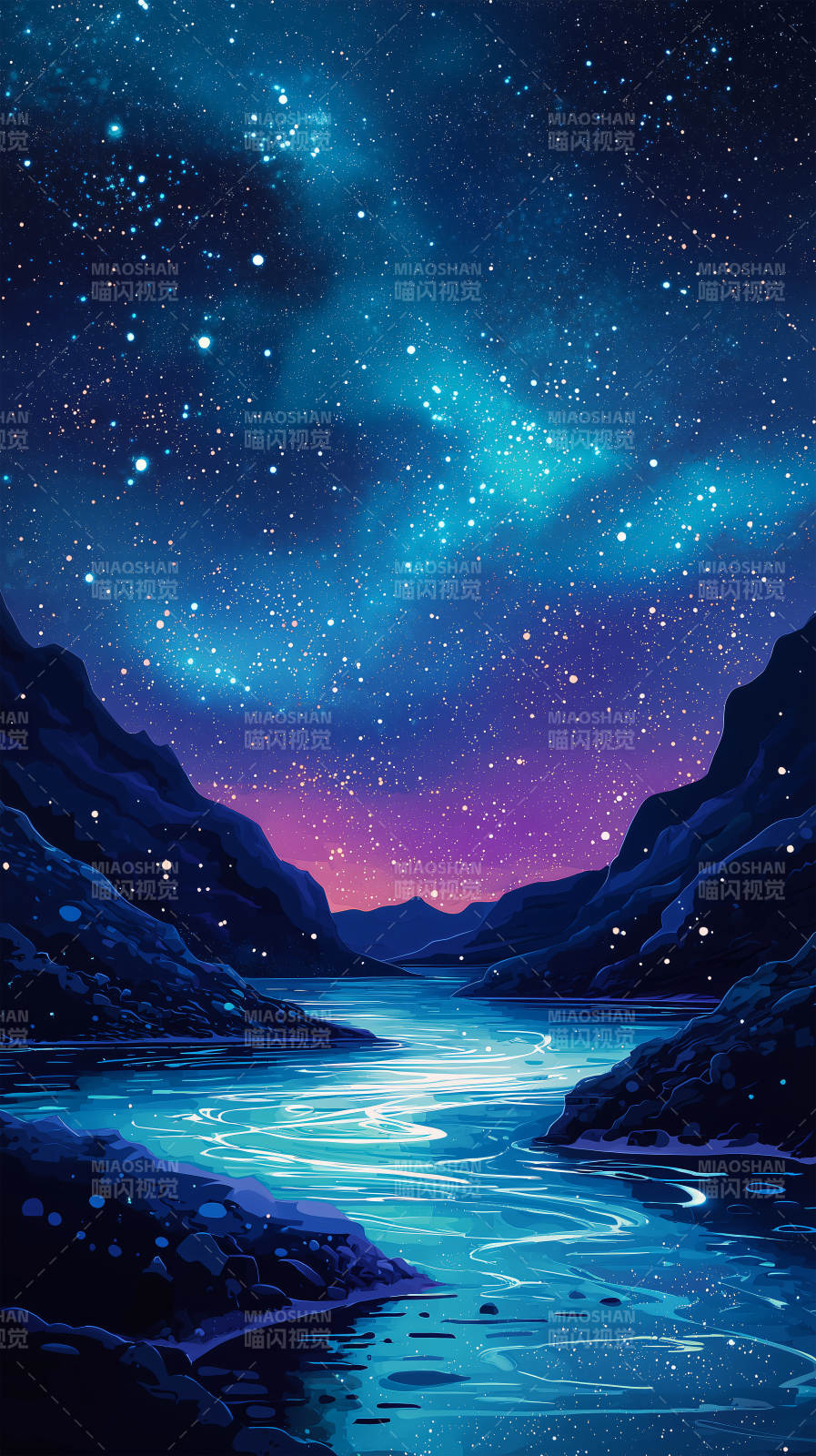 星河璀璨下的蓝色河流图片