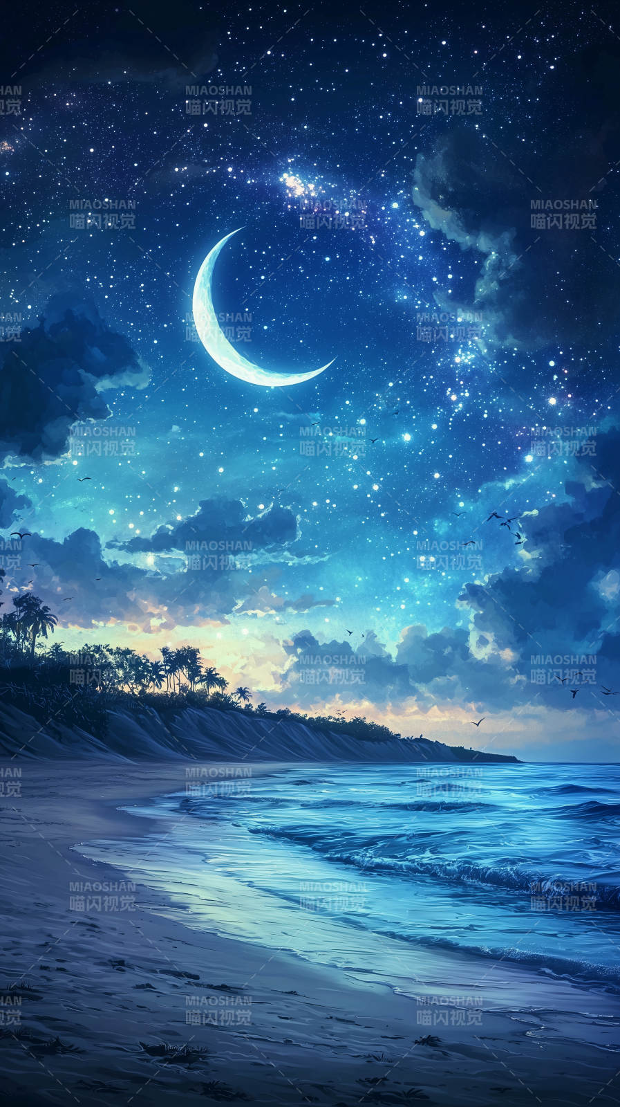 月夜海滩静谧海湾图片