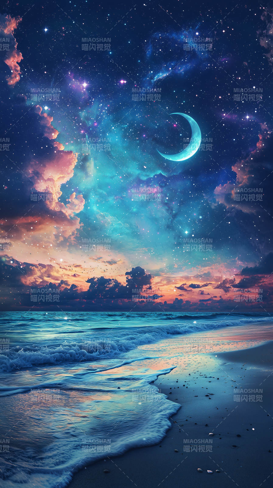 月夜海滩静谧海湾图片