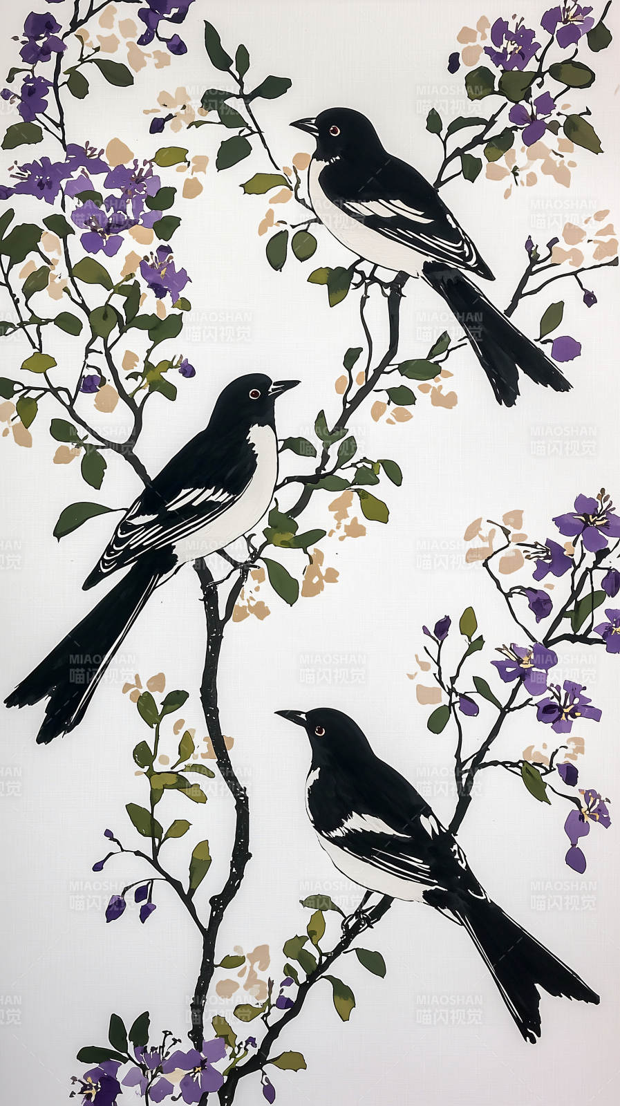 黑白水墨鸟与花枝图片