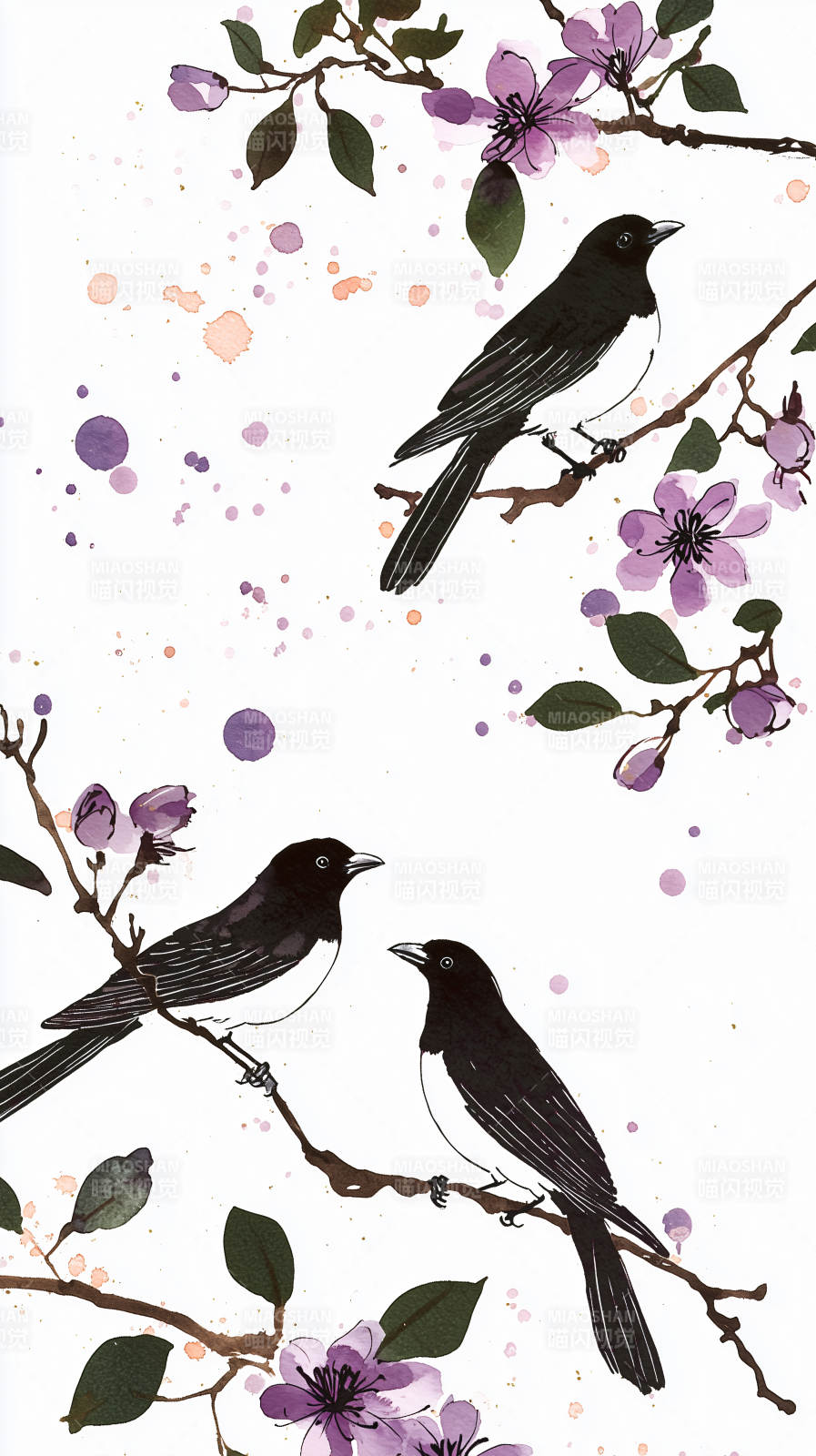 黑白水墨鸟与花枝图片