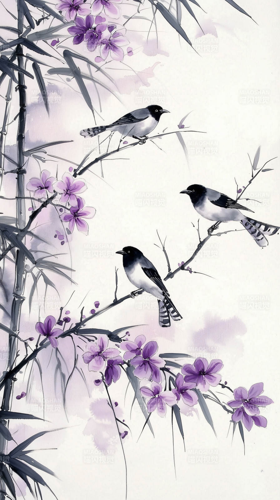 黑白水墨鸟与花枝图片