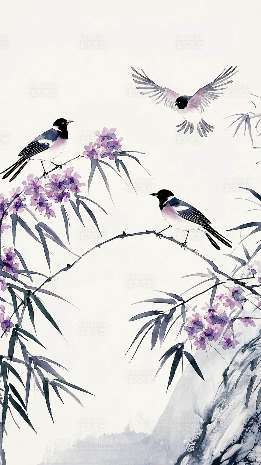 黑白水墨鸟与花枝图片