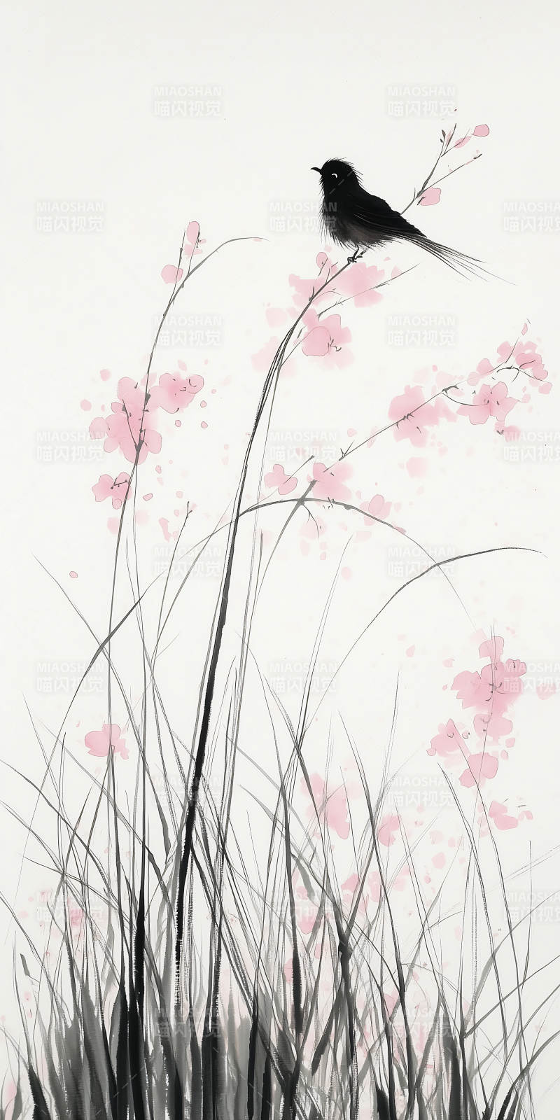 黑白水墨鸟与花枝图片