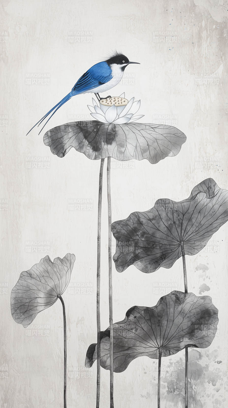 黑白水墨鸟与花枝图片