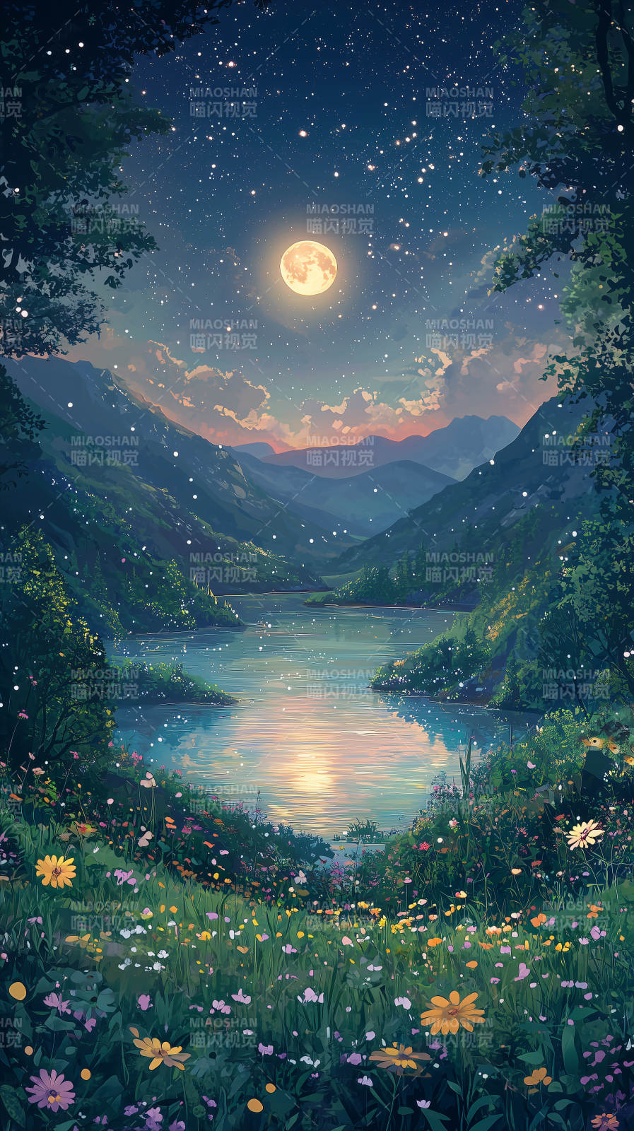 梦幻星空下的宁静湖泊图片