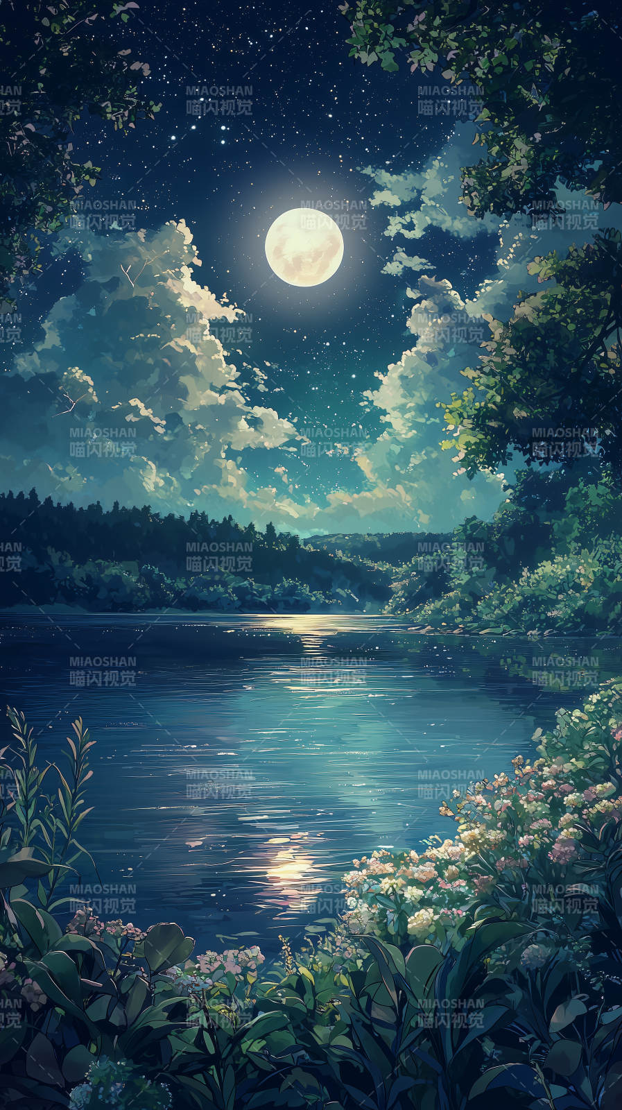 梦幻星空下的宁静湖泊图片