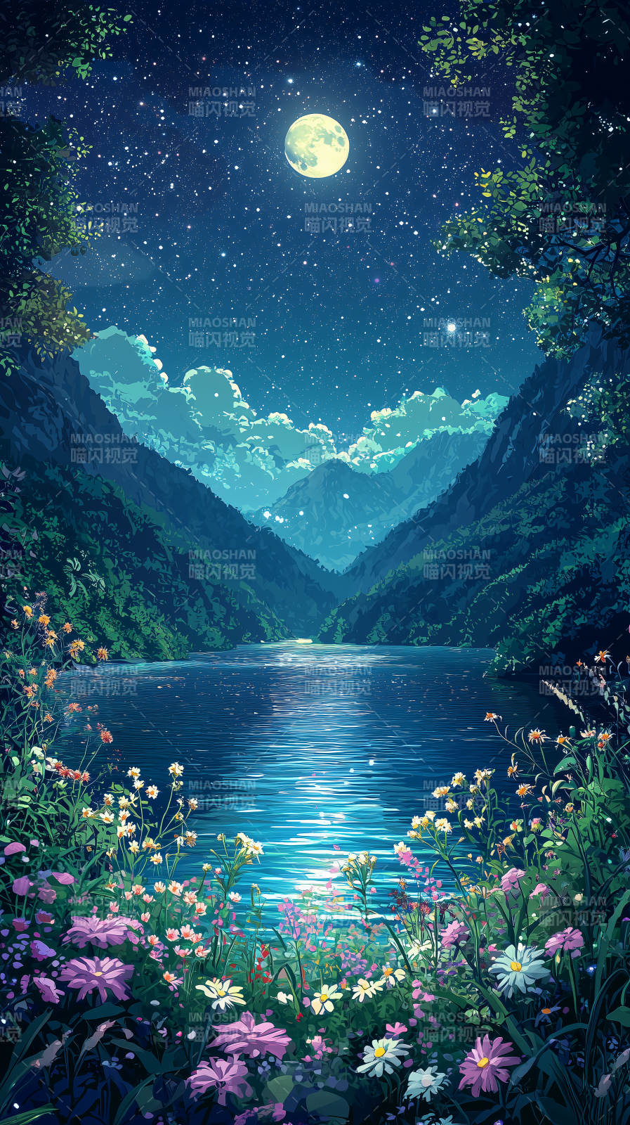 梦幻星空下的宁静湖泊图片