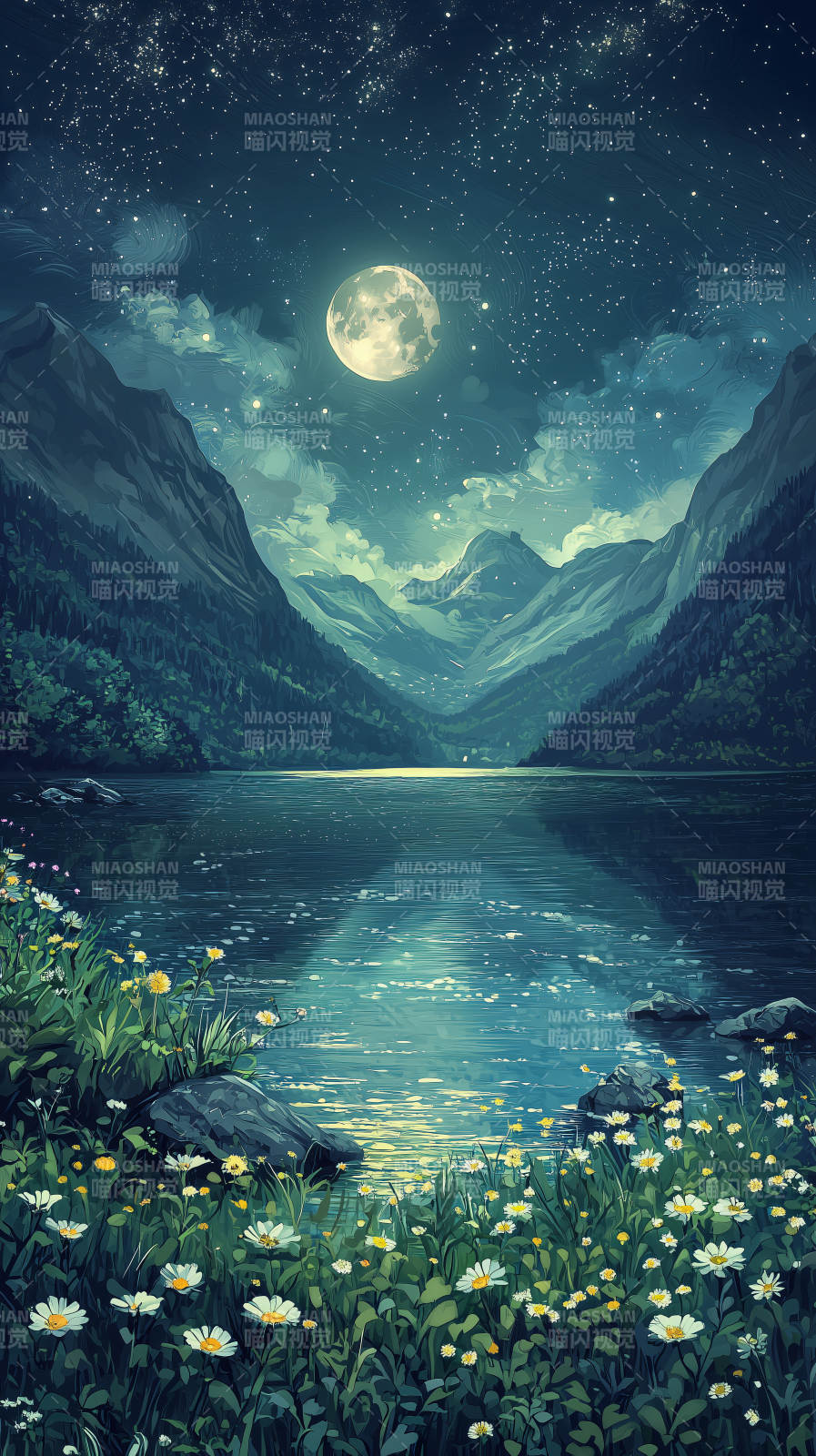 梦幻星空下的宁静湖泊图片