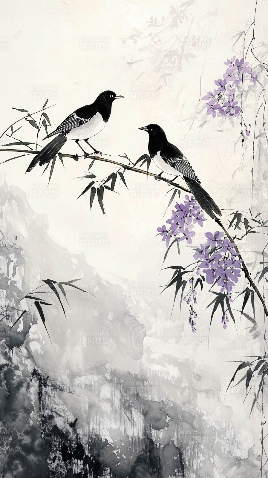 黑白水墨鸟与花枝图片