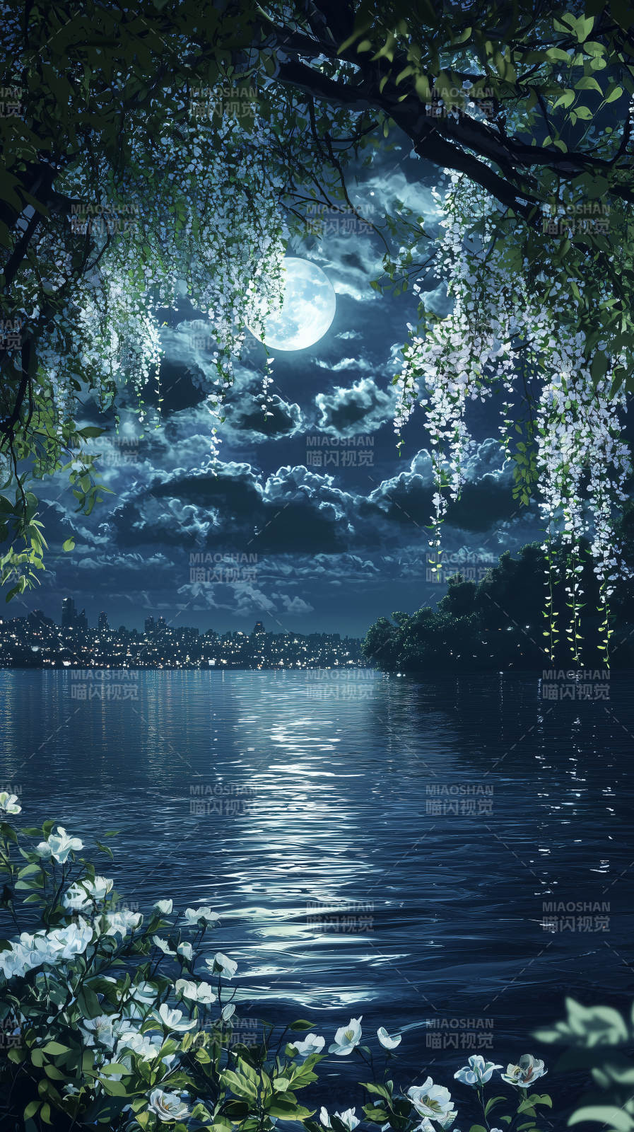 月夜湖畔静谧之景图片