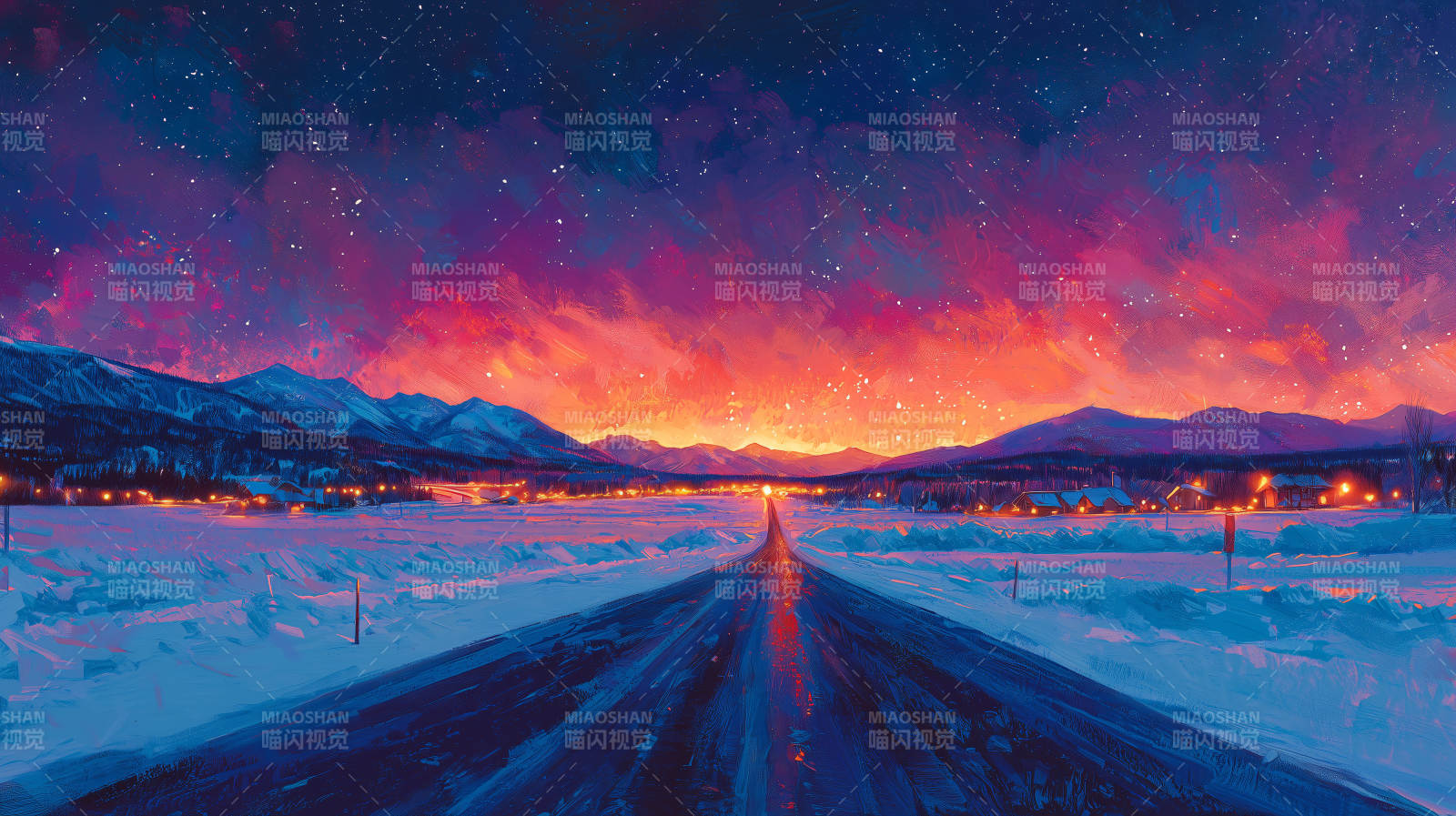 极光雪夜路图片