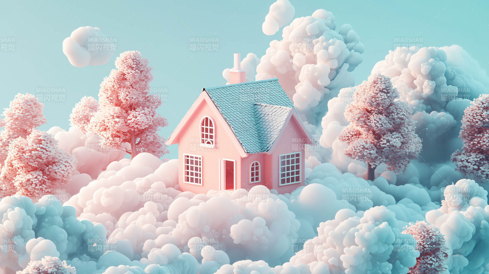 云上粉色小屋图片