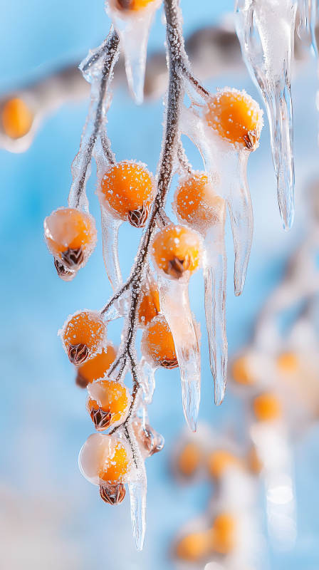 冰封橙果枝头图片