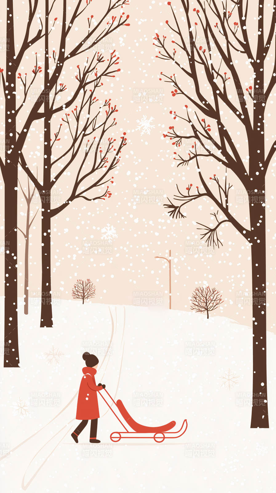 雪中拉雪橇的女孩图片