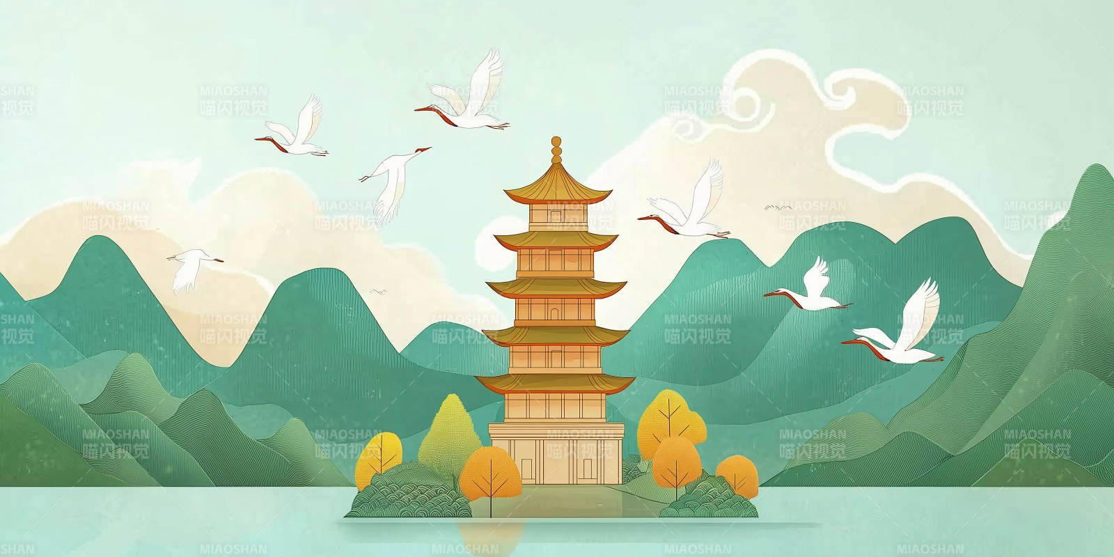 山水塔影鹤飞图片