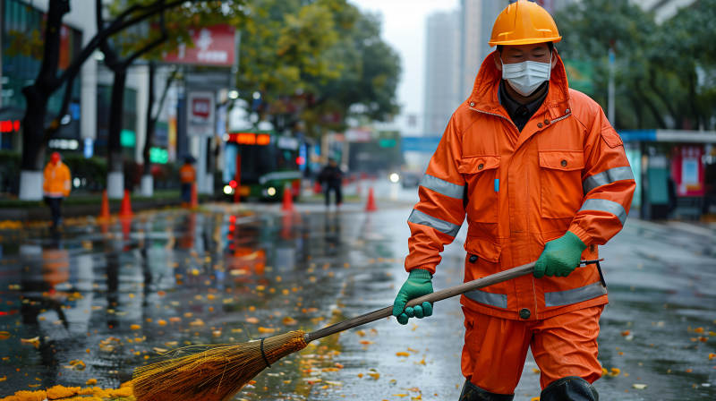 环卫工雨中扫街图片