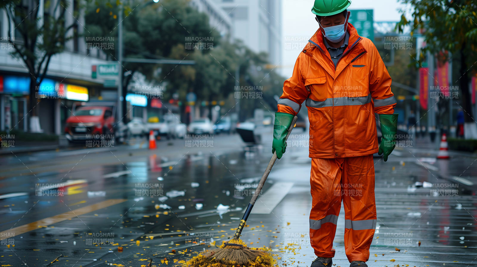 环卫工雨中扫街图片