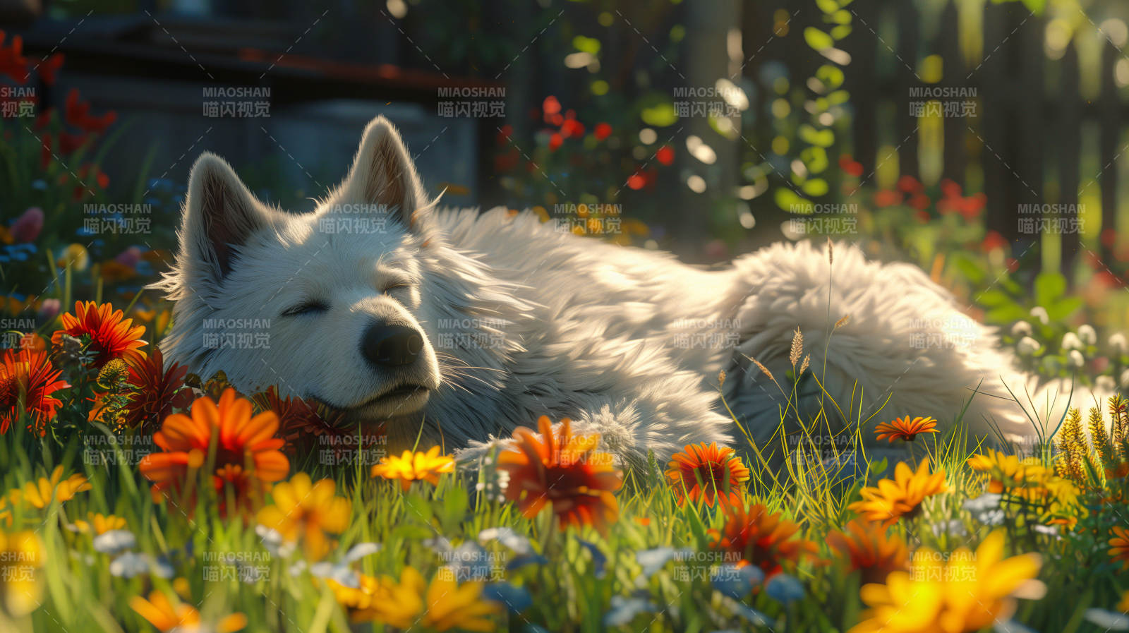 花丛中的白狼图片