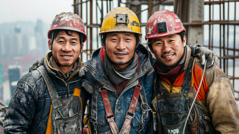 建筑工人微笑合影图片