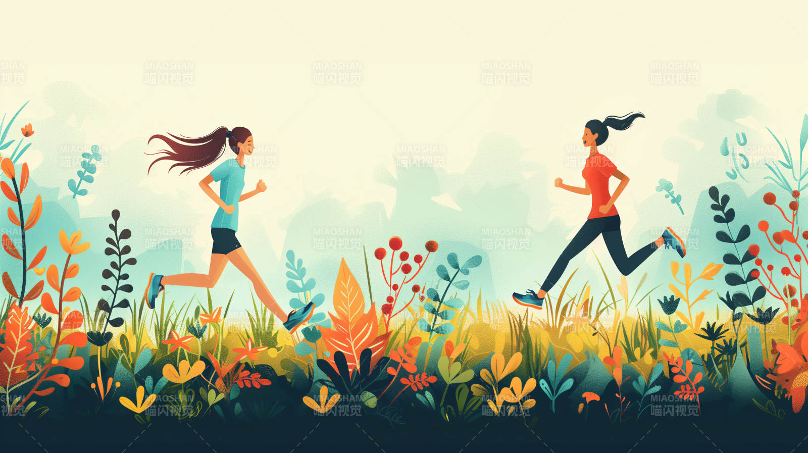 双人奔跑在花丛中图片
