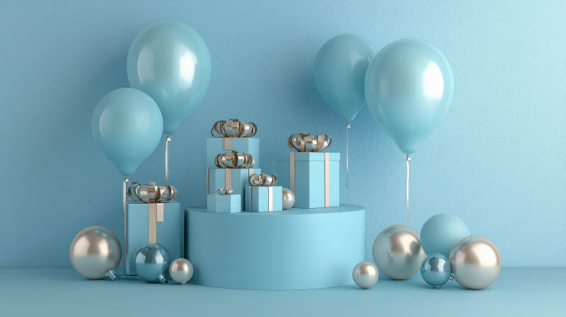 蓝色气球礼物场景图片