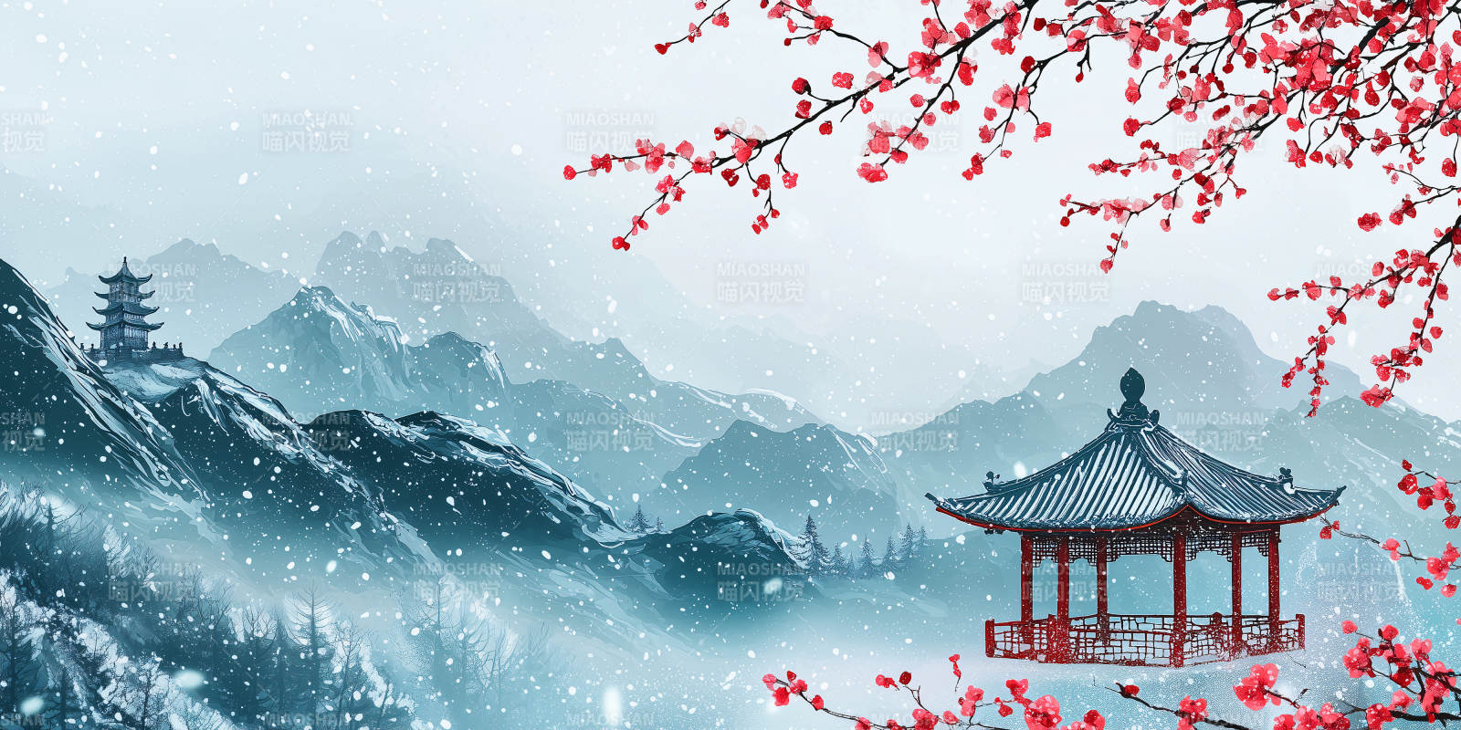 雪中梅亭山水画图片