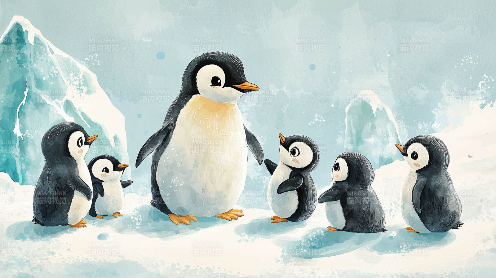 企鹅一家雪中嬉戏图片