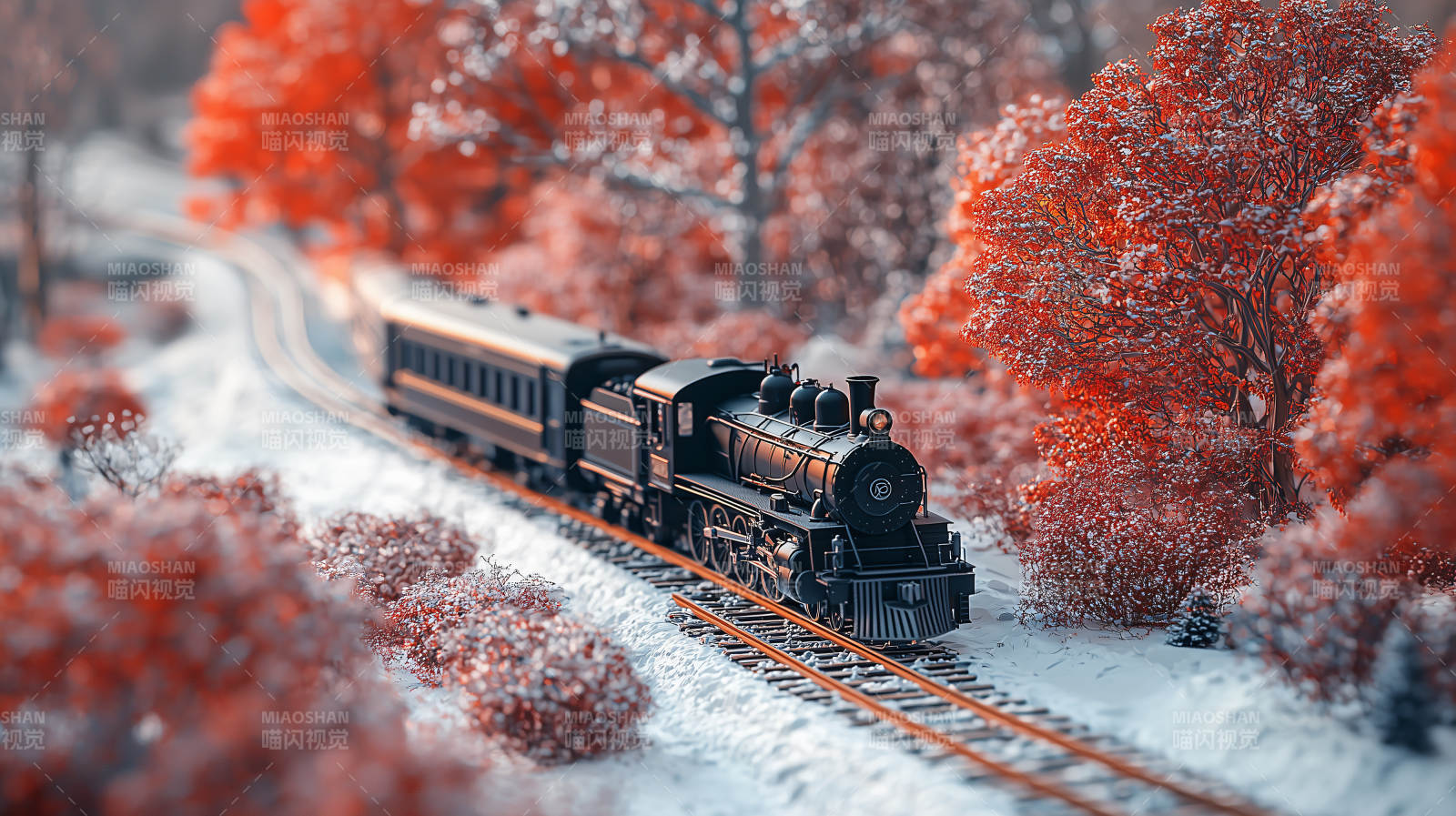 雪中红叶火车行图片