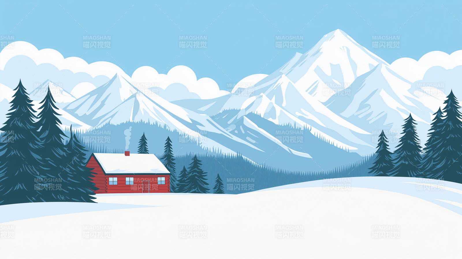 雪山红屋冬景图片