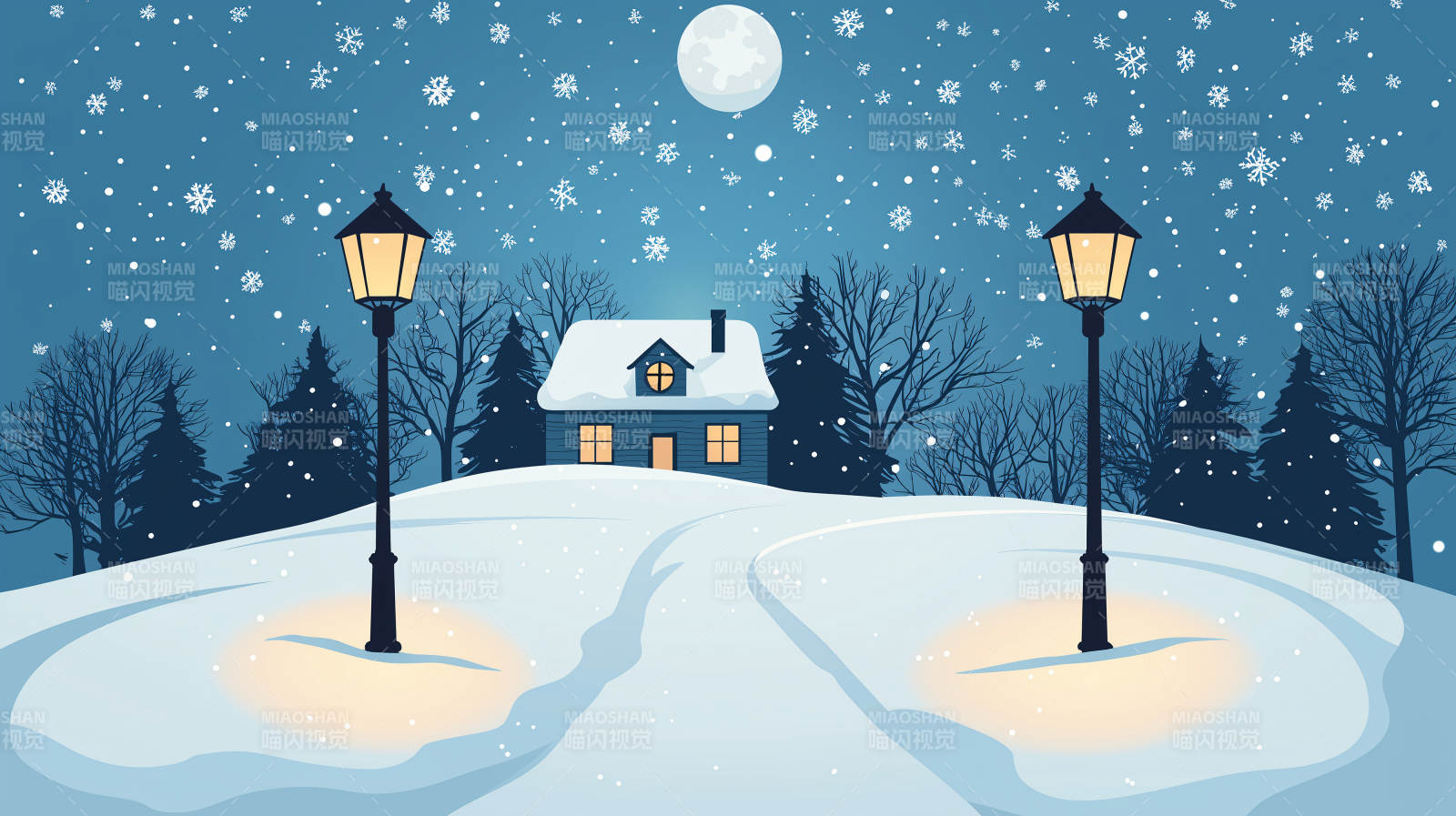 雪夜小屋灯火图片