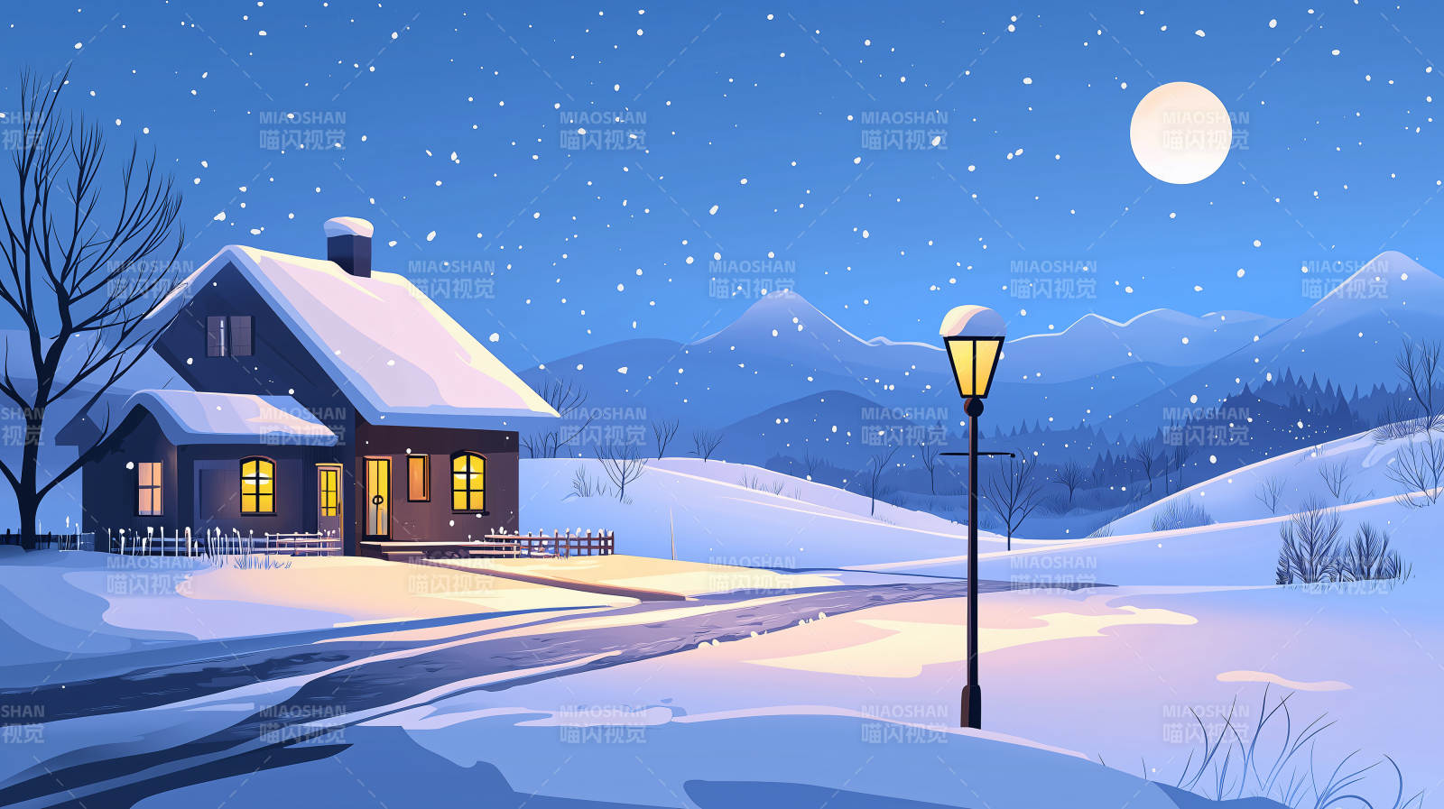雪夜小屋静谧景图片
