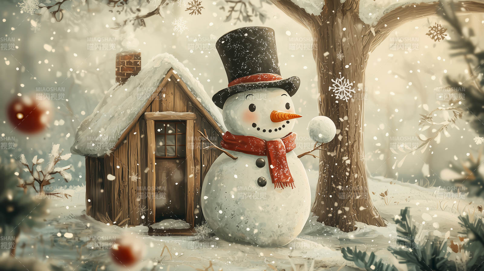 雪人与小屋的冬日图片