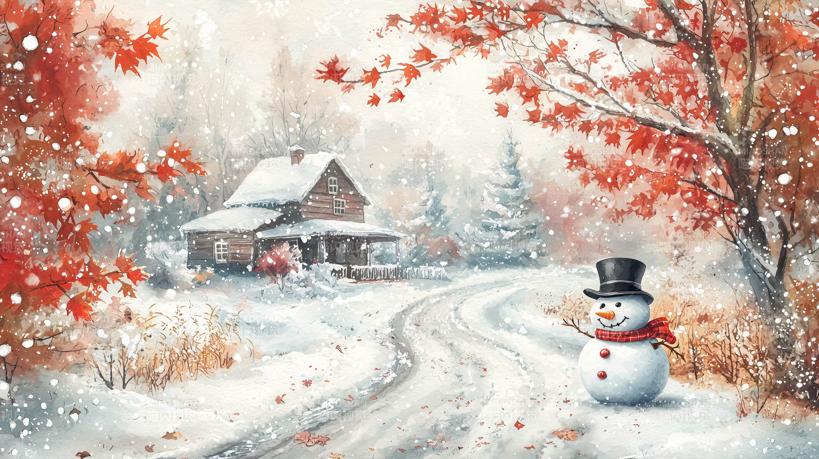 雪中红叶小屋图片