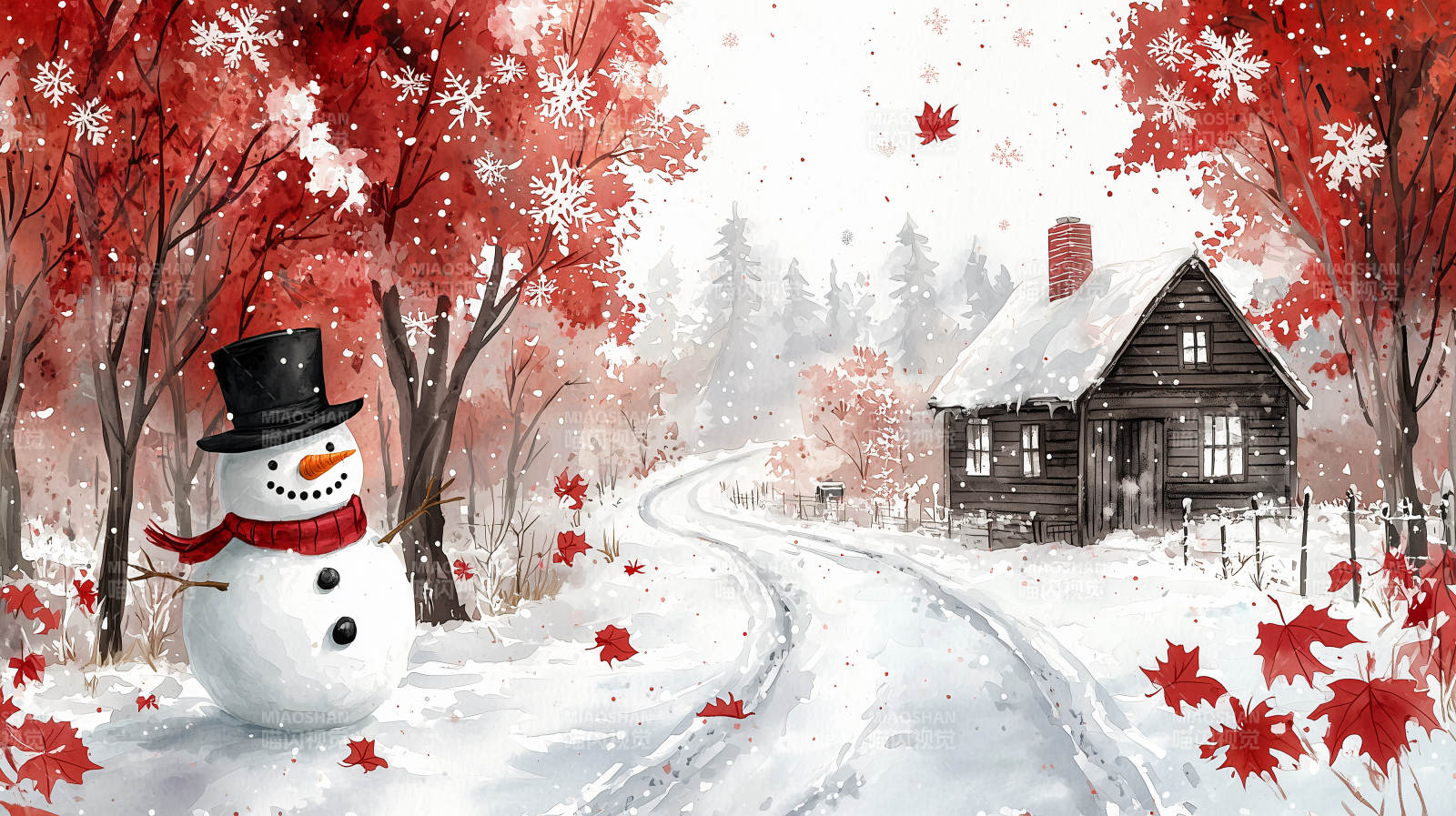 雪中红叶小屋图片