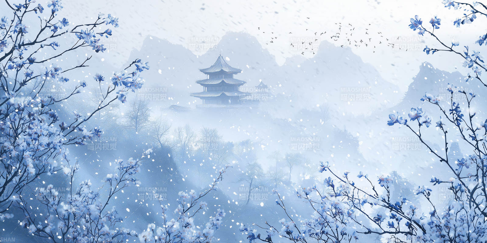 雪中古塔春景图片