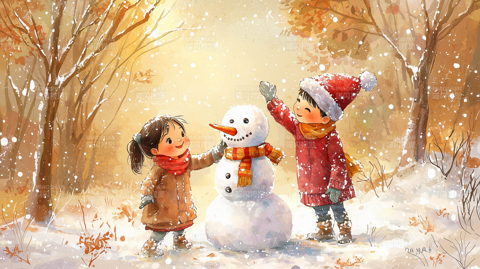 雪中嬉戏的孩童图片