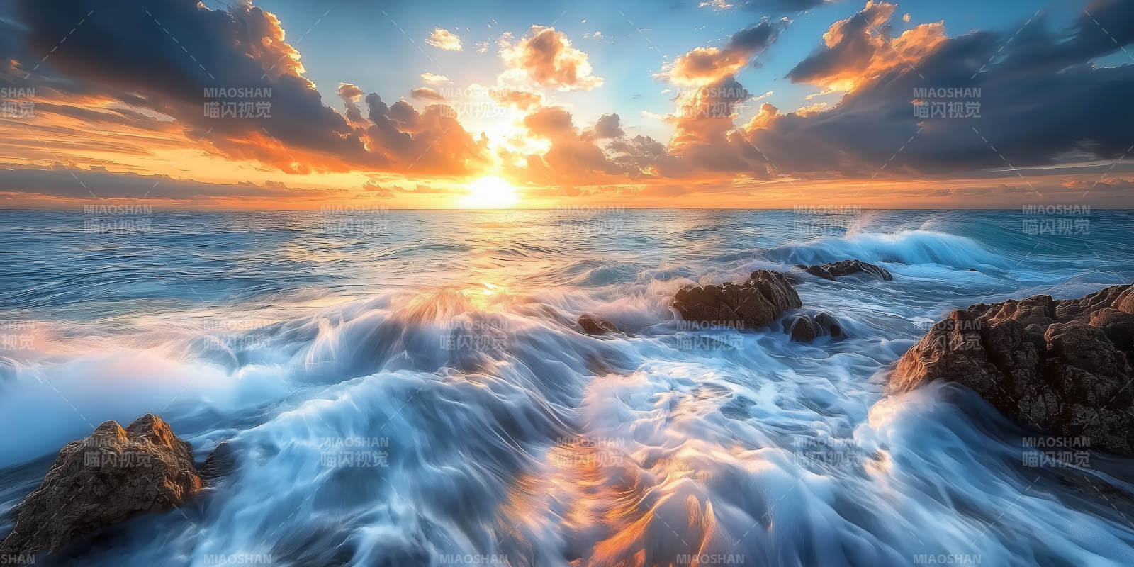 日出海浪岩石图片