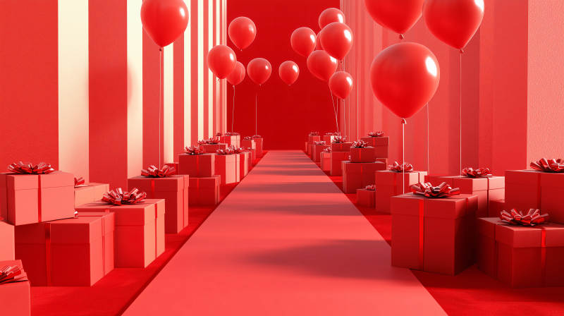 红色礼盒与气球长廊图片