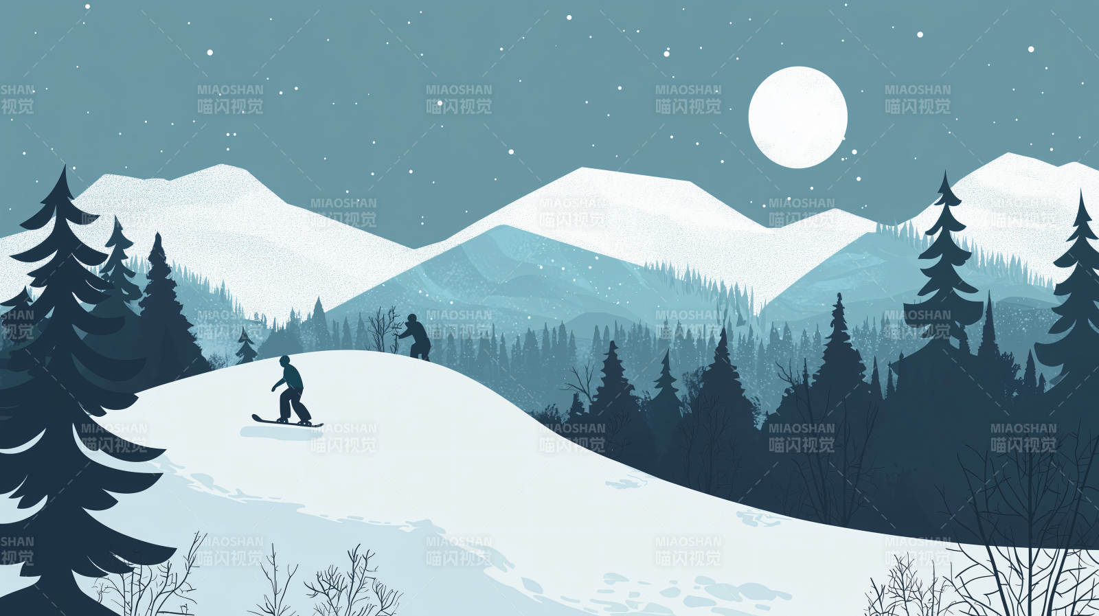 雪夜滑雪图图片