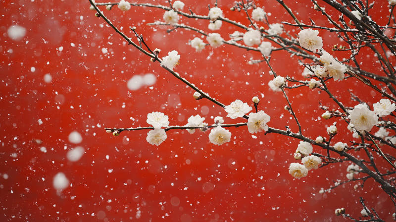 红墙雪梅绽放图片